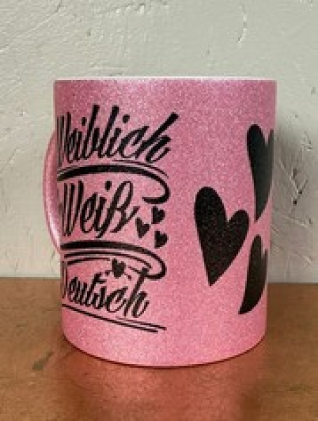 Glitzer Tasse - pink - weiblich weiß deutsch - schwarz Glitzer Tasse - pink - weiblich weiß deutsch - schwarz