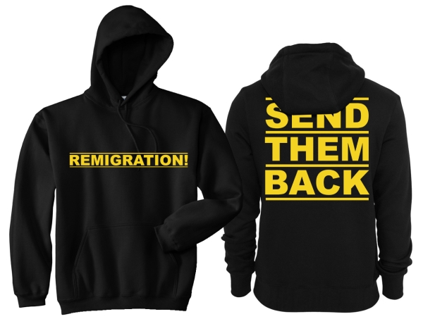 Frauen - Kapuzenpullover - Remigration - Motiv 1 - schwarz/gelb Frauen - Kapuzenpullover - Remigration - Motiv 1 - schwarz/gelb