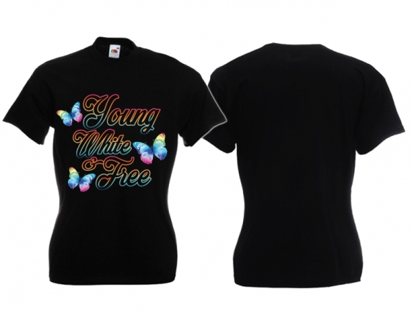 Frauen T-Shirt - young,white & free - schwarz - bunt - Motiv1 Frauen T-Shirt - young,white & free - schwarz - bunt - Motiv1